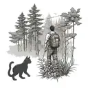 black and white tattoo design: man from behind walking with backpack in the forest with a black cat next to him, tattoo design idea