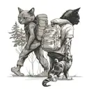 black and white tattoo design: man from behind walking with backpack in the forest with a black cat next to him, tattoo design idea