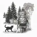 black and white tattoo design: man from behind walking with backpack in the forest with a black cat next to him, tattoo design idea