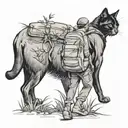 black and white tattoo design: man from behind walking with backpack in the forest with a black cat next to him, tattoo design idea