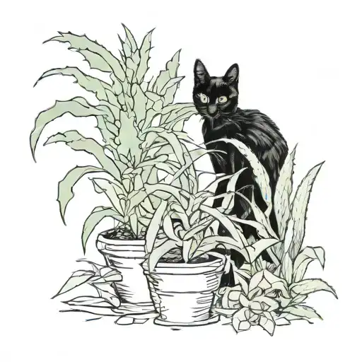 aloe leaves, black cat tattoo design idea