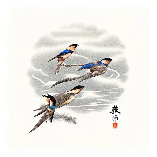 two barn swallows, drawn in a Japanese style, styled to resemble the Greek letter Chi tattoo design idea