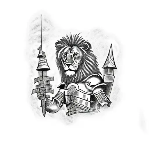 a scene with a castle, a knight protecting, a lion attacking tattoo design idea