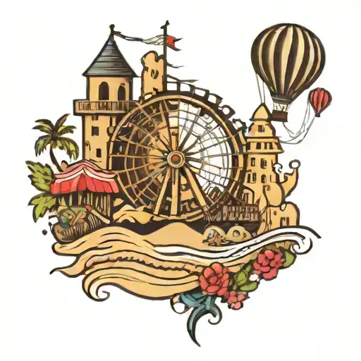 sandcastle with ferris wheel surrounded tattoo design idea