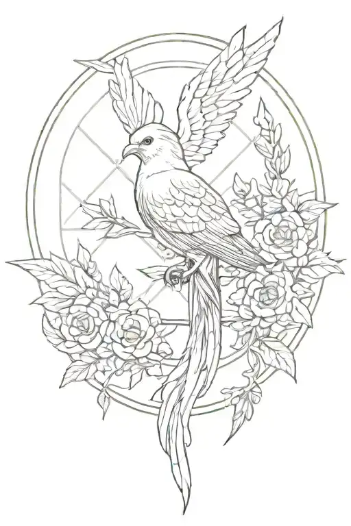 phoenix, arrow, lili flower dominant, circle, olive branch, Celtic knot, feather, anchor, small dove. for shoulder tattoo design idea