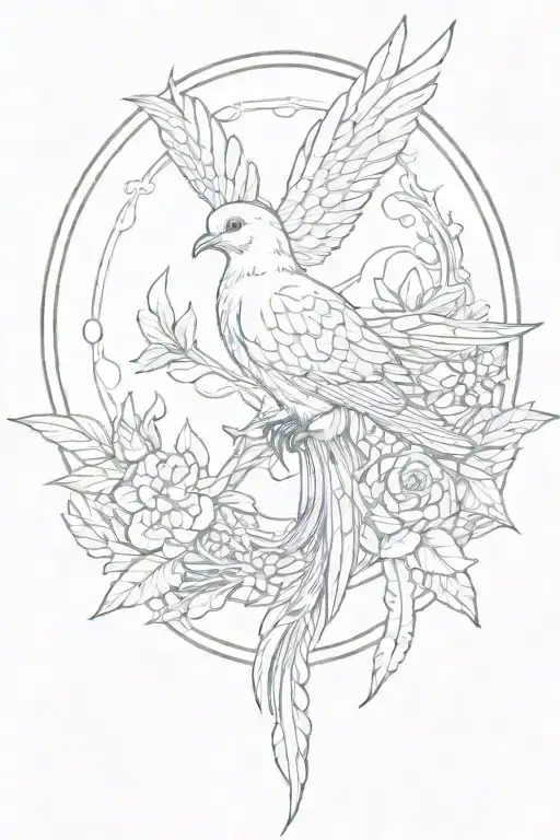 phoenix, arrow, lili flower dominant, circle, olive branch, Celtic knot, feather, anchor, small dove. for shoulder tattoo design idea