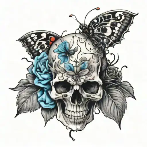 An intricate tattoo featuring a skull surrounded by ladybugs and blue roses tattoo design idea