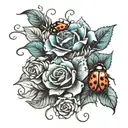 A whimsical design featuring ladybugs crawling on blue roses tattoo design idea