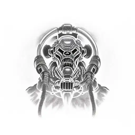 doom marine holding imp on his neck while pressing a plasma gun to his head tattoo design idea