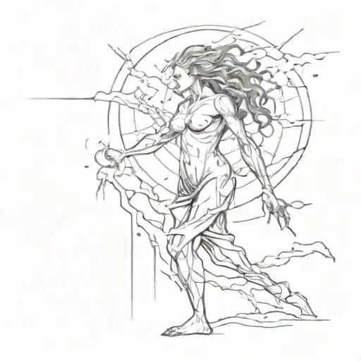 A tattoo design of a solitary figure standing strong amidst a storm of chaos, symbolizing the ability to survive in the face of pain, loneliness, and craziness. The design incorporates elements of struggle and resilience. tattoo design idea