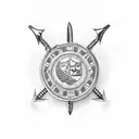 A police badge adorned with intricate fishing hooks and a silhouette of the Arizona landscape tattoo design idea