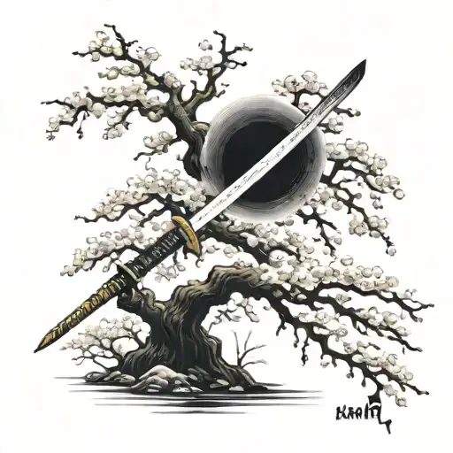 katana, sakura tree, depression alone tattoo design idea