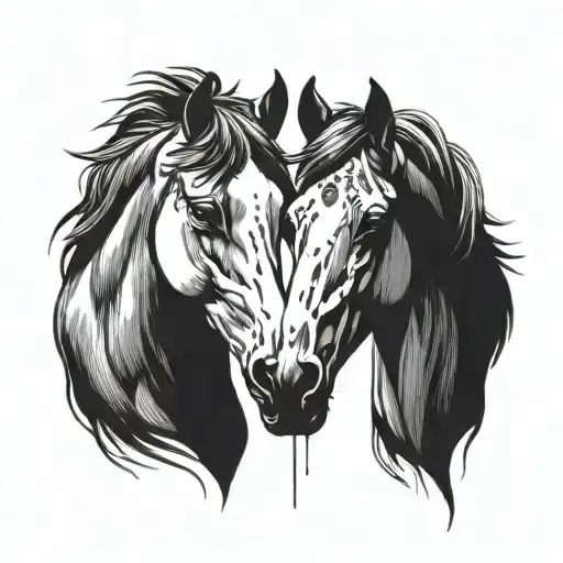 horse heads facing each other with a paw print surrounded tattoo design idea