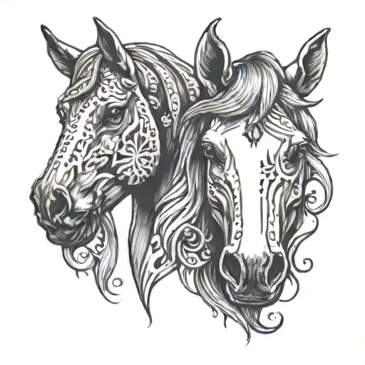 horse heads facing each other with a paw print tattoo design idea
