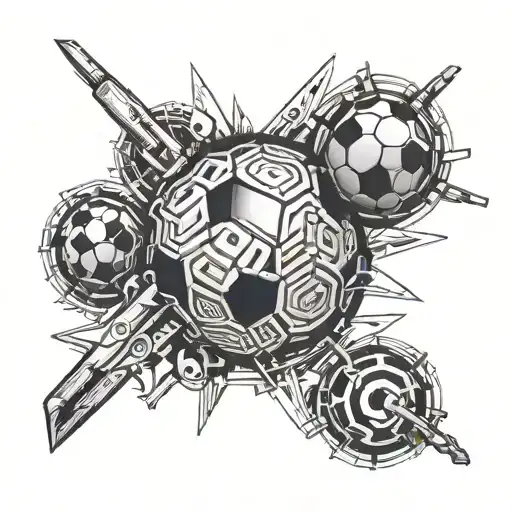 A detailed blackwork tattoo of a soccer ball intertwined with intricate carpentry tools tattoo design idea