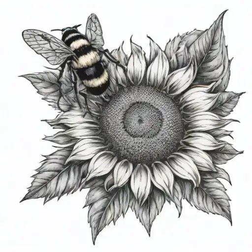 Realistic black and gray sunflower head with one head, leaves, and one small bumble bee, and one ladybug tattoo design idea