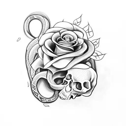 snake with roses surrounding skull  tattoo design idea