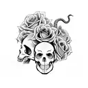 snake with roses surrounding skull  tattoo design idea