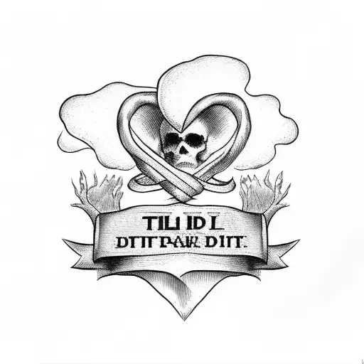 till death do us part text and a red heart in the shape of an inform symbol tattoo design idea