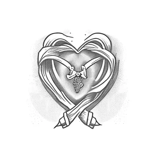 till death do us part text and a red heart in the shape of an inform symbol tattoo design idea