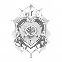 till death do us part text and a red heart in the shape of an inform symbol tattoo design idea