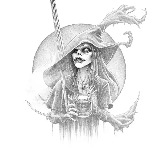 A creepy witch casting a spell with bass guitar strings tattoo design idea