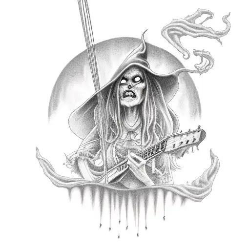 A creepy witch casting a spell with bass guitar strings tattoo design idea