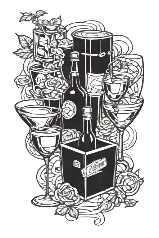 Incorporate alcohol bottles and glasses into a tattoo design with a comic book twist  tattoo design idea