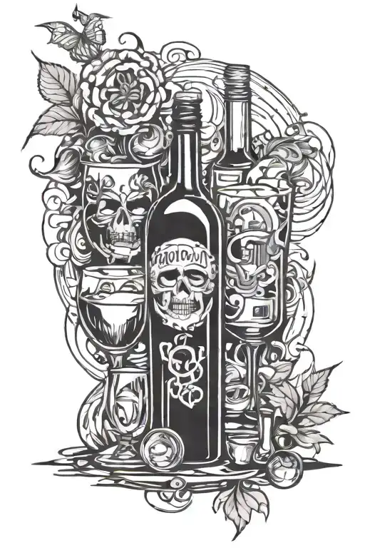 Incorporate alcohol bottles and glasses into a tattoo design with a comic book twist  tattoo design idea