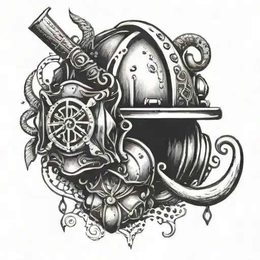 An intricate dotwork design of a firefighter's helmet surrounded by fishing hooks and Christian symbols, representing the client's occupation and faith tattoo design idea
