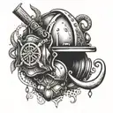 An intricate dotwork design of a firefighter's helmet surrounded by fishing hooks and Christian symbols, representing the client's occupation and faith tattoo design idea