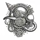 An intricate dotwork design of a firefighter's helmet surrounded by fishing hooks and Christian symbols, representing the client's occupation and faith tattoo design idea