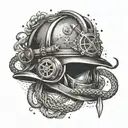 An intricate dotwork design of a firefighter's helmet surrounded by fishing hooks and Christian symbols, representing the client's occupation and faith tattoo design idea