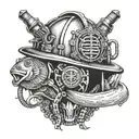 An intricate dotwork design of a firefighter's helmet surrounded by fishing hooks and Christian symbols, representing the client's occupation and faith tattoo design idea