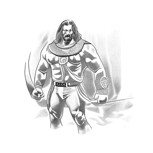 A WWE wrestler depicted in a historical setting, battling a mythical creature tattoo design idea