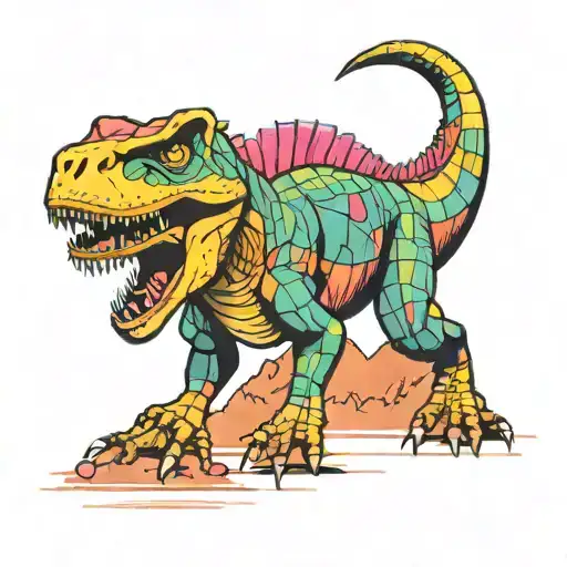 Trex dinosaurus 90s 80s cartoon synth wave retro 2D geometric sequence  tattoo design idea