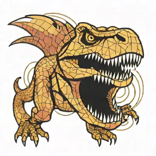 Trex 90s 80s cartoon synth wave retro 2D geometric sequence  tattoo design idea