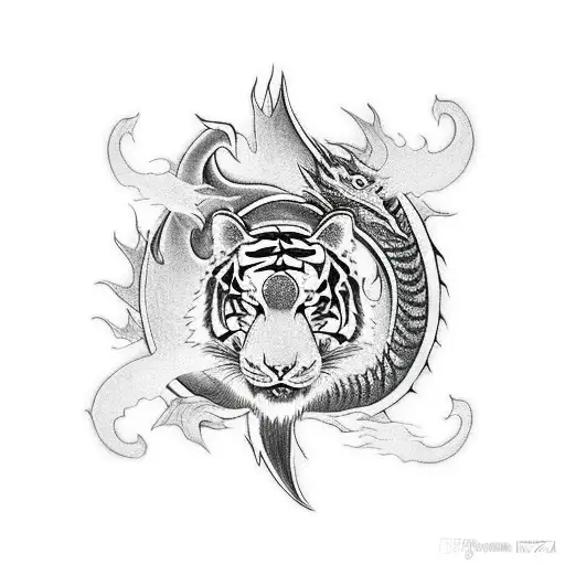 Dragon and Tiger clashing  with fire and lighting  tattoo design idea