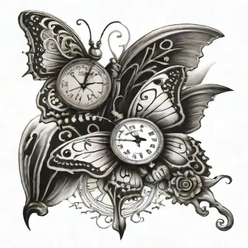 two Butterfly with Clock and placeholder for two names tattoo design idea