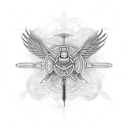 Helicopter flying over a field of Caduceus symbols tattoo design idea