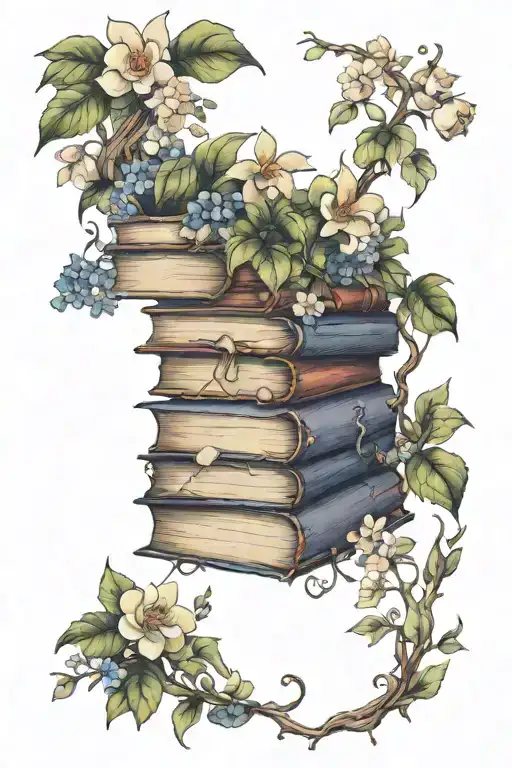 A tattoo design of a stack of books with anime characters peeking out from the pages, surrounded by realistic flowers and vines tattoo design idea