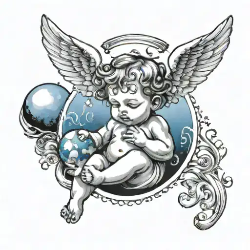 baby angel holding world above head tattoo design idea