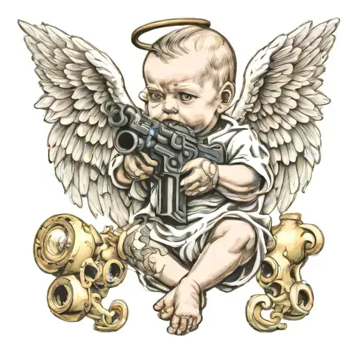 baby angel holding gun barrels tattoo design idea