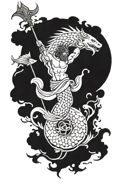 A majestic Poseidon holding a trident surrounded by a school of koi fish tattoo design idea
