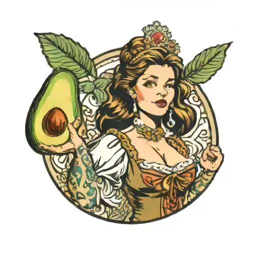 a female brown haired avocado wearing a german bier hall outfit tattoo design idea