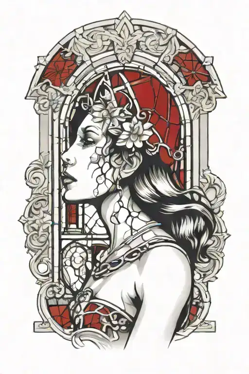 nu women on the background of red church stained glass windows tattoo design idea