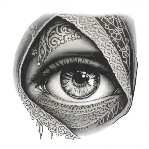 A black and grey tattoo of an Indian girl's eyes looking mysterious and alluring behind a burka veil, with soft shading to create a sense of depth tattoo design idea