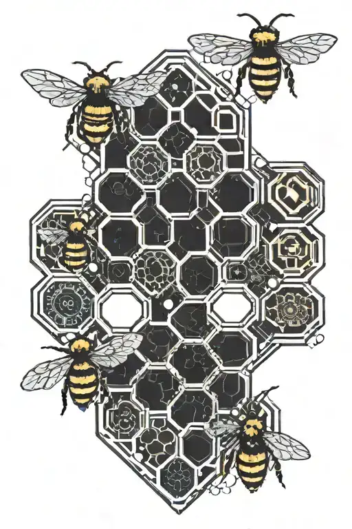 a honeycomb with some bees, from halfway up the outline of the honeycomb turns into 0 and 1 tattoo design idea