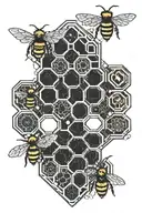a honeycomb with some bees, from halfway up the outline of the honeycomb turns into 0 and 1 tattoo design idea