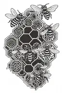a honeycomb with some bees, from halfway up the outline of the honeycomb turns into 0 and 1 tattoo design idea